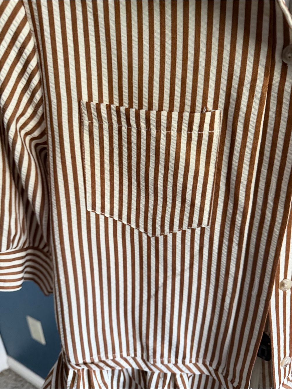 Striped Ruffle-Hem Button Front Top - Brown/White - Picture 2 of 7